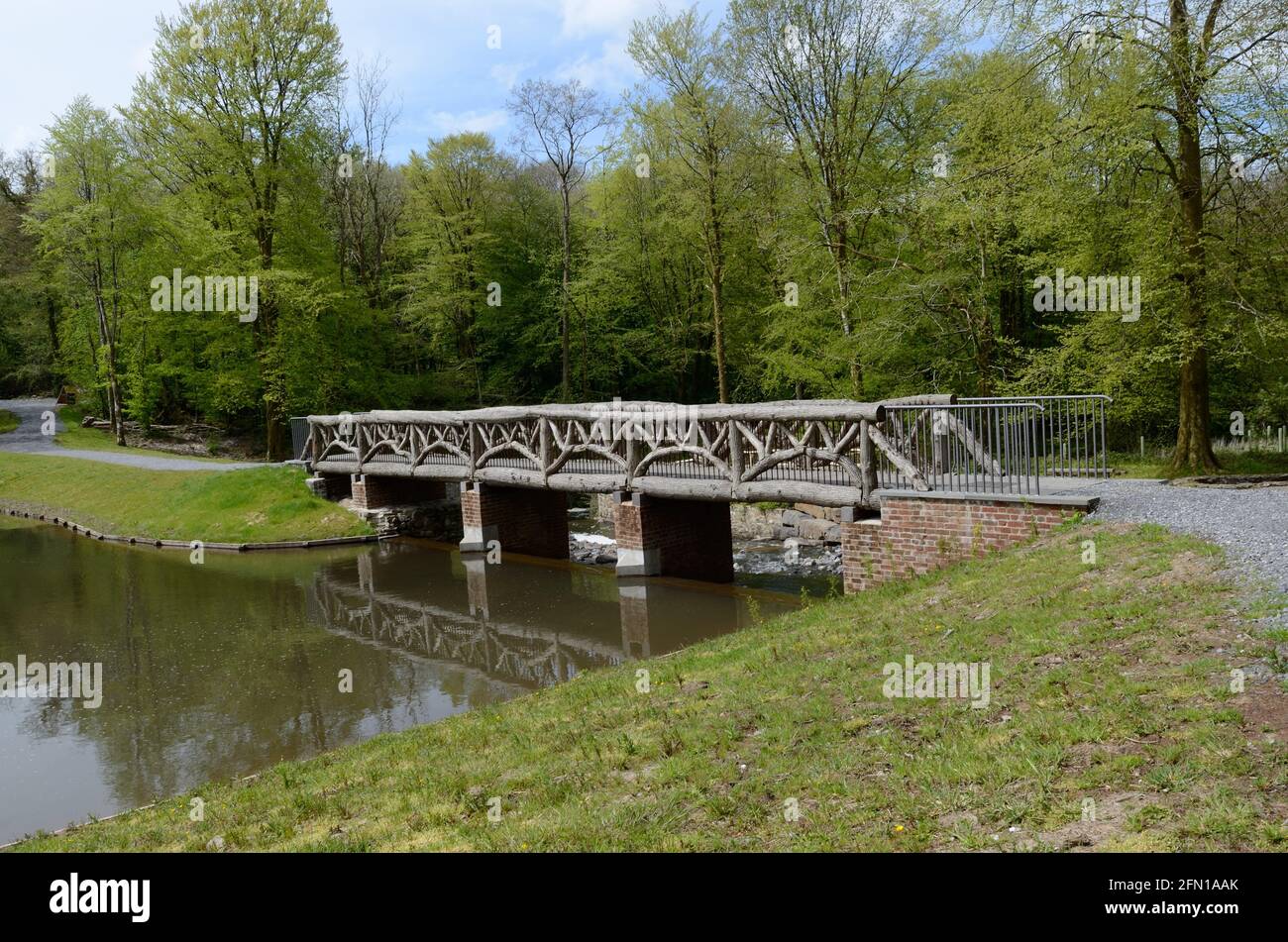 Rustic Bridge sopra Llyn Felin Gat Felin Gat Lake Las National Nature Reserve National Botanical Garden of Wales Carmarthenshire Wales UK Foto Stock