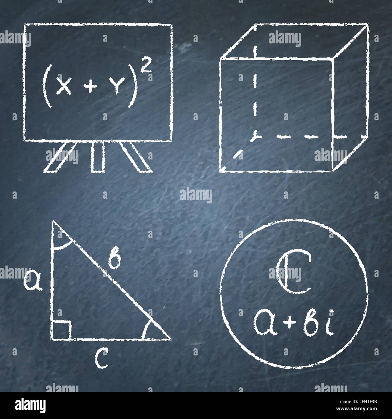 Icone matematiche impostate in stile linea sulla lavagna. Espressioni di algebra, geometria, trigonometria, numeri complessi. Illustrazione vettoriale. Illustrazione Vettoriale
