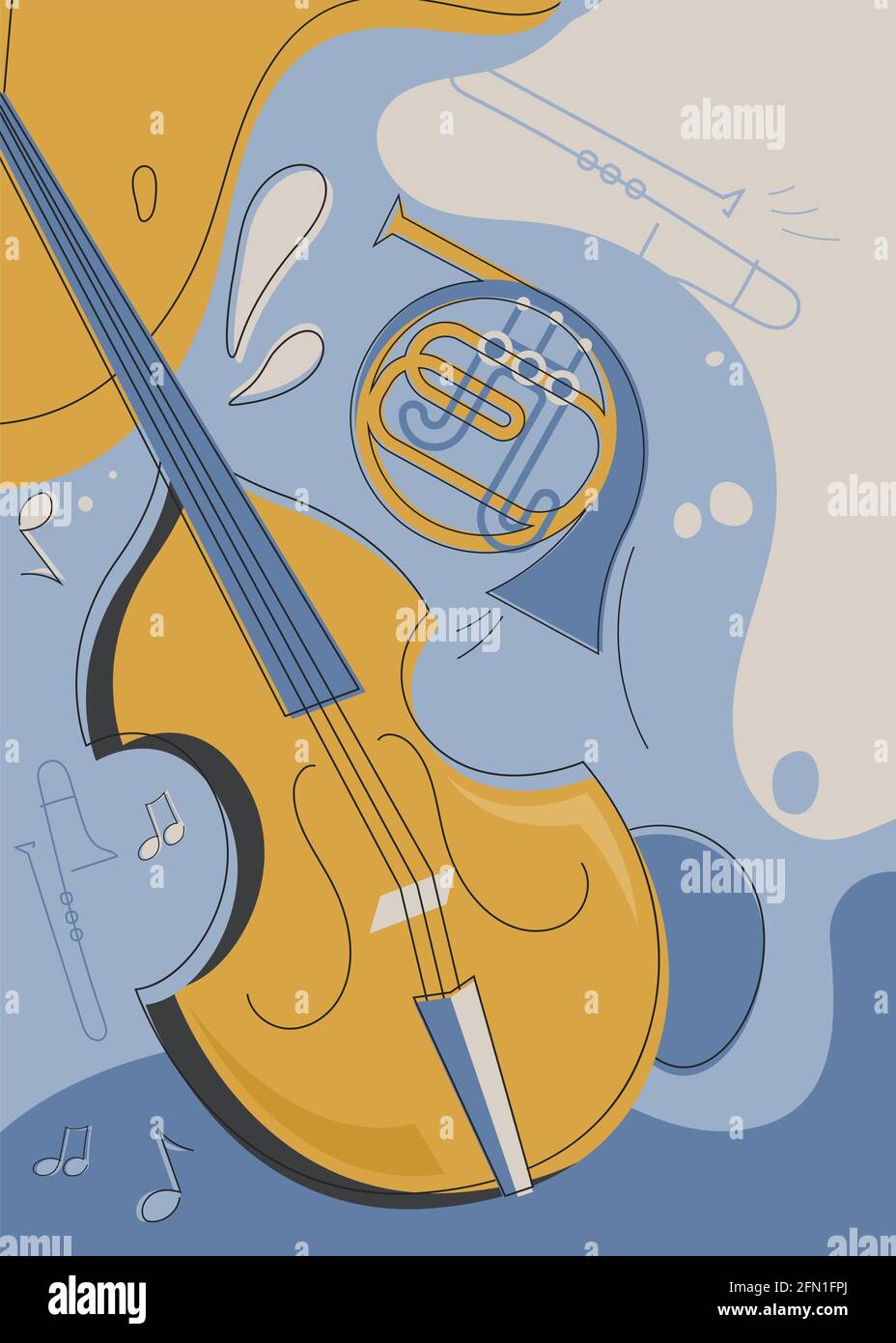 Poster con violino e corno francese. Volantino per concerti di musica classica. Illustrazione Vettoriale