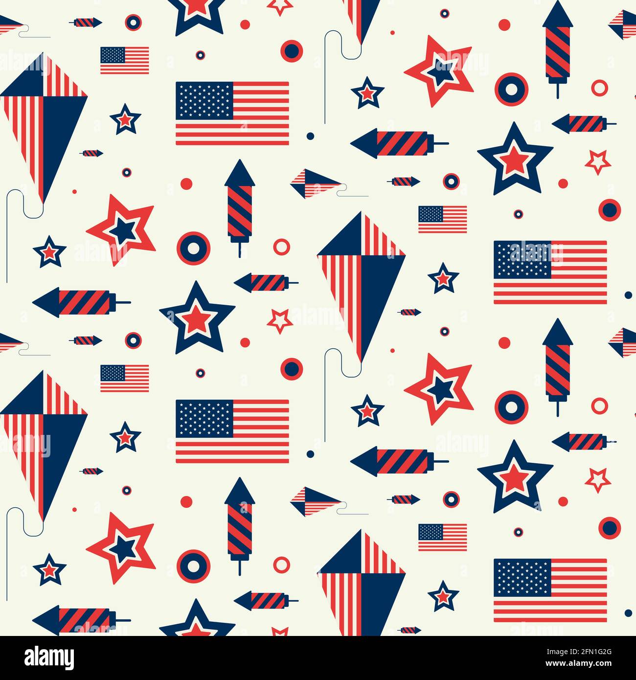 Modello senza cuciture con bandiera USA, aquiloni e fuochi d'artificio. Texture con simboli americani in stile piatto. Illustrazione Vettoriale
