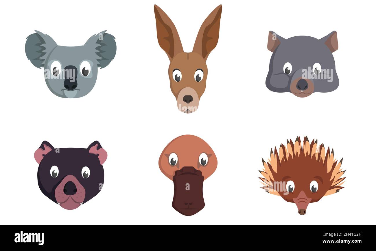 Set di teste animali australiane. Fauna selvatica abitanti in stile cartoon. Illustrazione Vettoriale