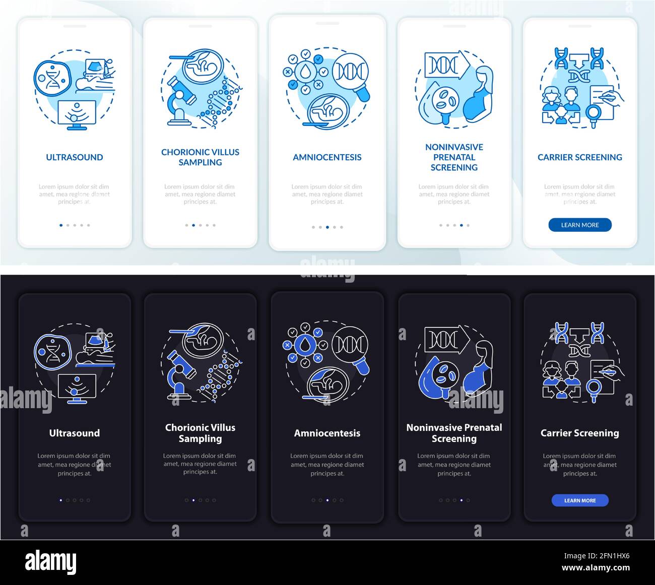 Test delle malattie genetiche sullo schermo della pagina dell'app mobile onboarding con i concetti Illustrazione Vettoriale