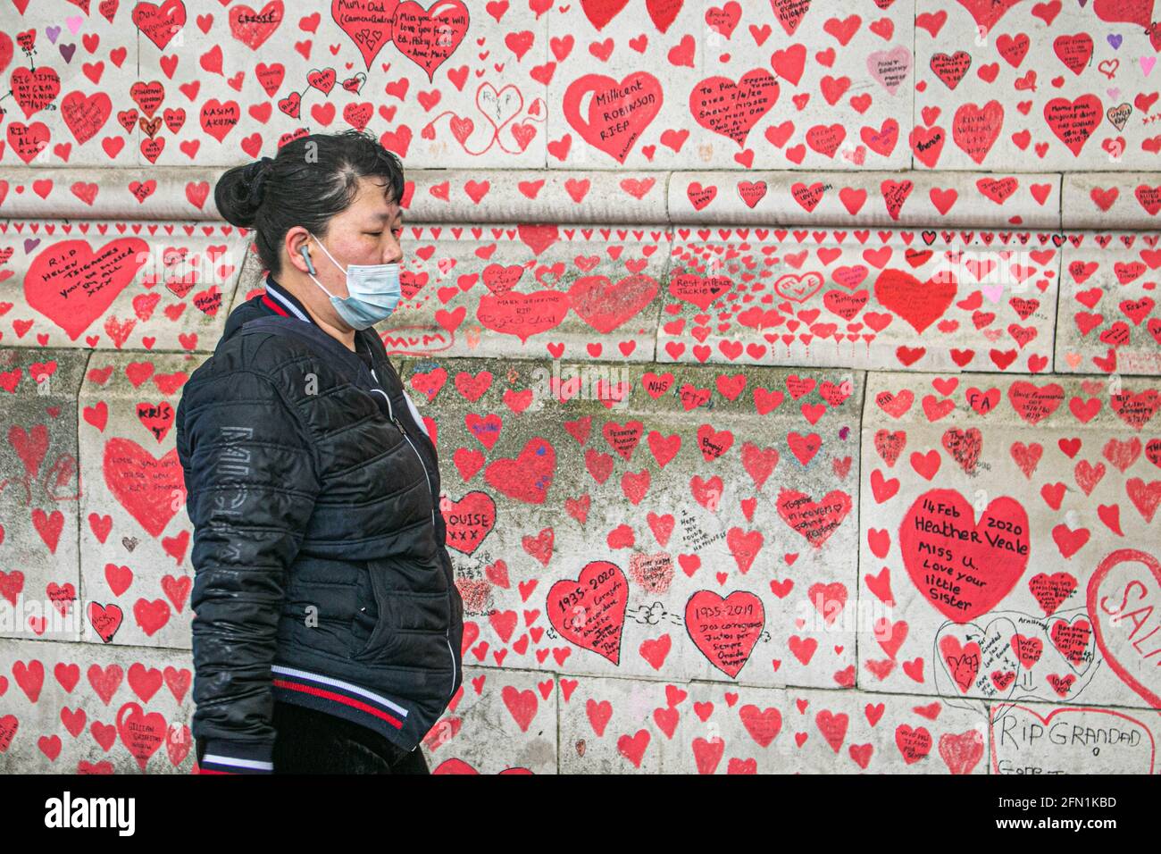 WESTMINSTER LONDRA 13 maggio 2021. Un pedone che indossa un facemask cammina attraverso il muro dei cuori al National Covid Memorial Wall lungo il Tamigi argine dedicato alle famiglie in lutto per la giustizia Regno Unito. Il primo ministro Boris Johnson ha annunciato di tenere un’indagine pubblica indipendente che si terrà nel 2022 sulla gestione da parte del governo della pandemia del coronavirus che ha causato 150,000 vittime e di nominare un presidente e dei panelisti. Credit amer Ghazzal/Alamy Live News Foto Stock