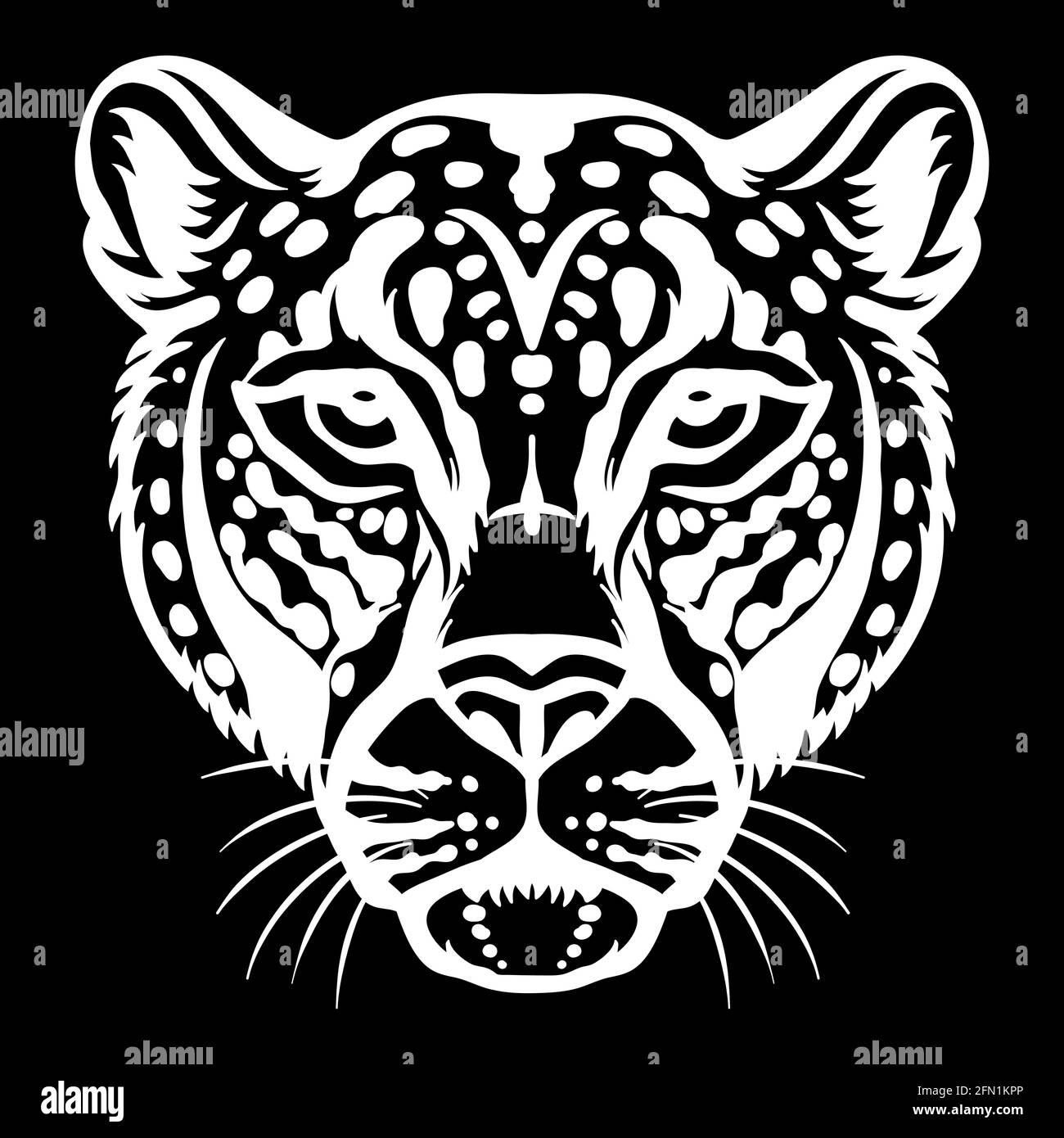 Mascotte. Testa di leopardo. Immagine vettoriale vista frontale di colore bianco del gatto selvatico isolato su sfondo nero. Per decorazione, stampa, design, logo, spo Illustrazione Vettoriale