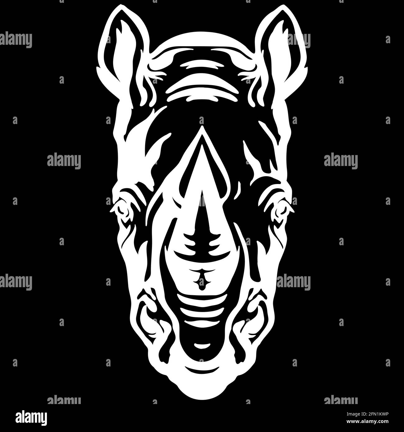 Mascotte. Testa di rinoceronte. Illustrazione vettoriale vista frontale di colore bianco di animali selvatici isolati su sfondo nero. Per decorazione, stampa, disegno, logo, sp Illustrazione Vettoriale