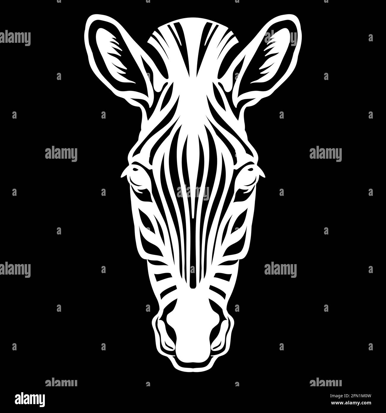 Mascotte. Testa di zebra. Illustrazione vettoriale vista frontale di colore bianco di animali selvatici isolati su sfondo nero. Per decorazione, stampa, disegno, logo, sp Illustrazione Vettoriale