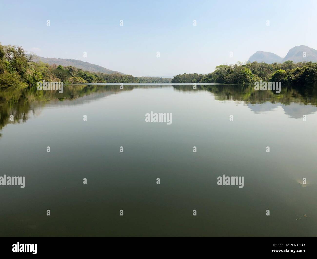 Giro in barca tranquillo e tranquillo attraverso le splendide acque glassose del fiume Periyar a Thattekad in Kerala, India. Ancora acque del fiume periyar An Foto Stock