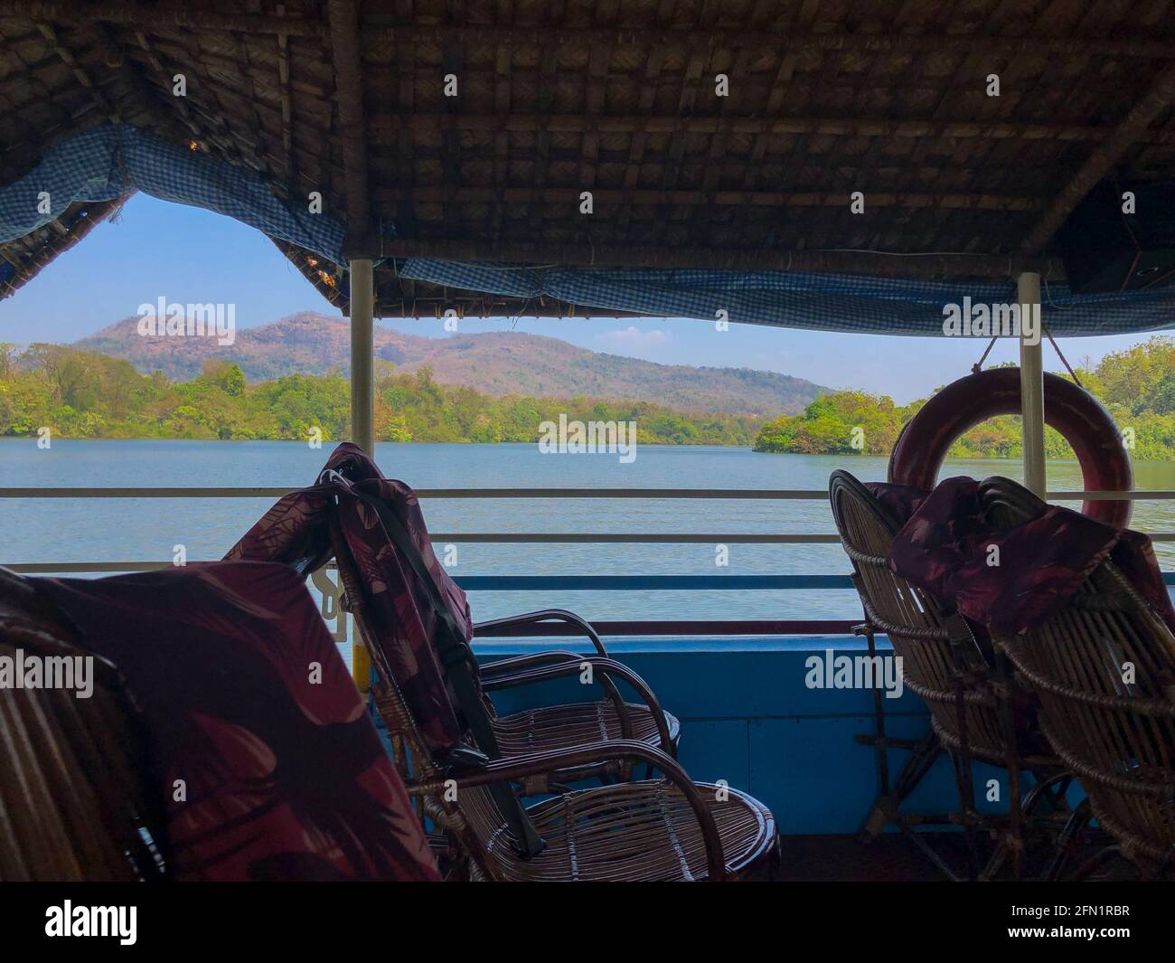 Splendida vista panoramica della riserva naturale circostante intorno al fiume Periyar a Thattekad in Kerala, India. Splendida vista da una crociera sul fiume Foto Stock