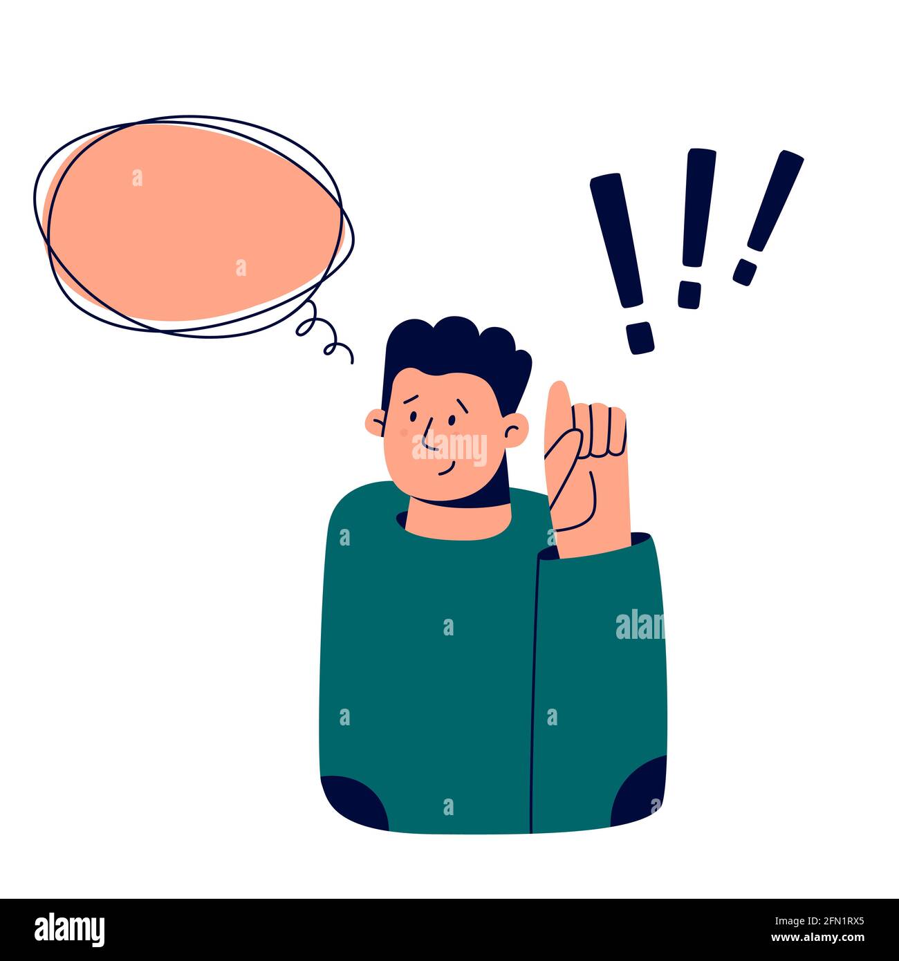 Idea e trova concetto. Pensare l'uomo, punto esclamativo e bolla di pensieri. Illustrazione del vettore di trend isolata su sfondo bianco. Illustrazione Vettoriale
