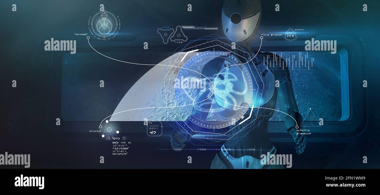 Un robot alieno sta analizzando i dati su un organismo vivente sconosciuto. Rendering 3D Foto Stock