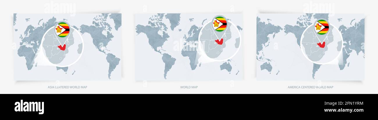 Tre versioni della carta mondiale con la mappa ingrandita dello Zimbabwe con bandiera. Mappe mondiali centrate su Europa, Asia e America. Illustrazione Vettoriale