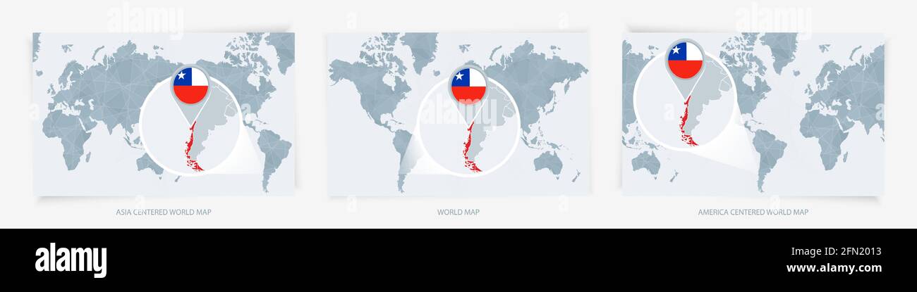 Tre versioni della carta mondiale con la mappa ingrandita del Cile con bandiera. Mappe mondiali centrate su Europa, Asia e America. Illustrazione Vettoriale