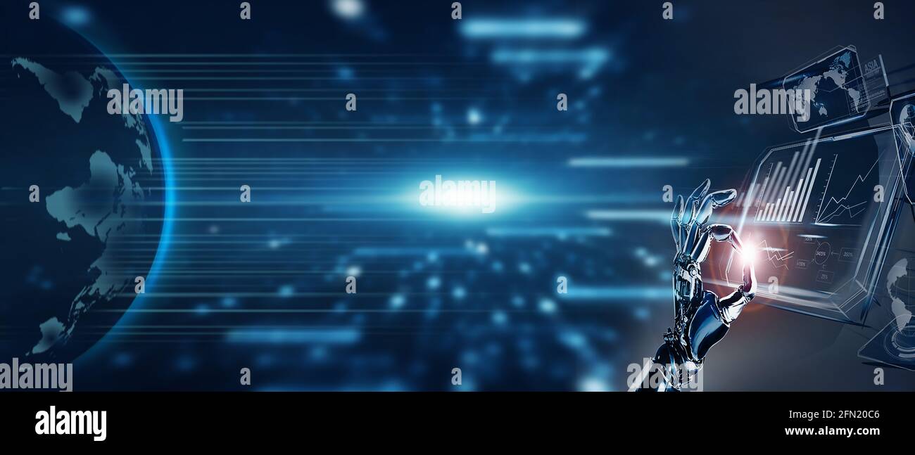 Testa umana robotica, cyborg con elementi grafici su sfondo blu scuro della tecnologia. Intelligenza artificiale e concetto di apprendimento automatico. 3D Foto Stock