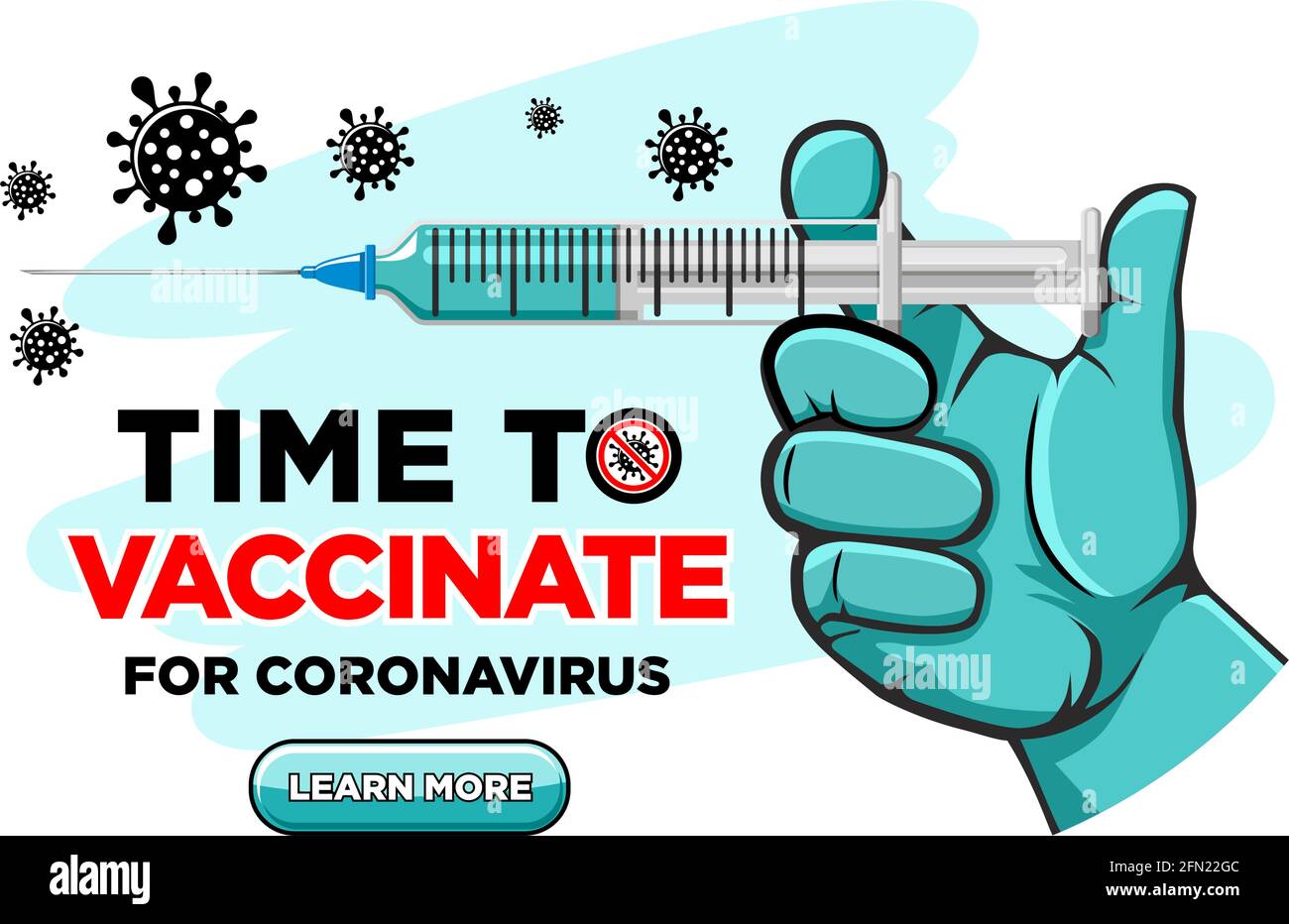 La mano del medico o dell'infermiere nel guanto medico inietta il vaccino contro il coronavirus. Tempo di vaccinare poster o landing page del sito web, vettore su trasparente b Illustrazione Vettoriale