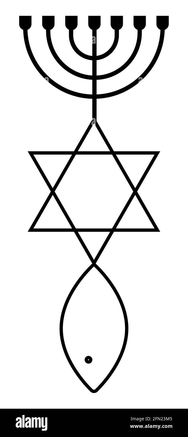 Simboli religiosi ebraici tradizionali. Menorah, stella di David e pesce nero linea isolata vettore illustrazione. Illustrazione Vettoriale