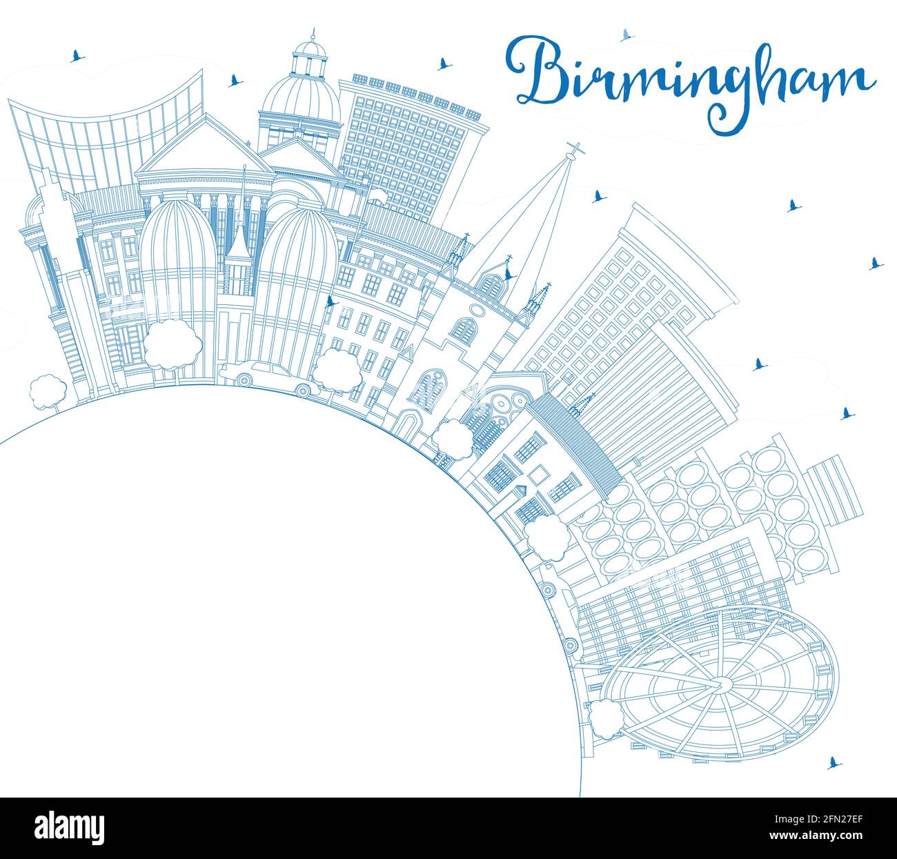 Profilo Birmingham UK City Skyline con edifici blu e Copy Space. Illustrazione vettoriale. Il paesaggio urbano di Birmingham con i punti di riferimento. Viaggi d'affari. Illustrazione Vettoriale