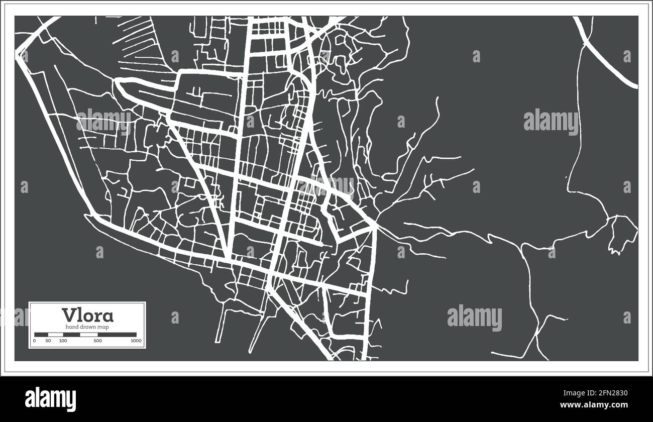 Mappa della città di Valona Albania in bianco e nero in stile retro. Mappa di contorno. Illustrazione vettoriale. Illustrazione Vettoriale