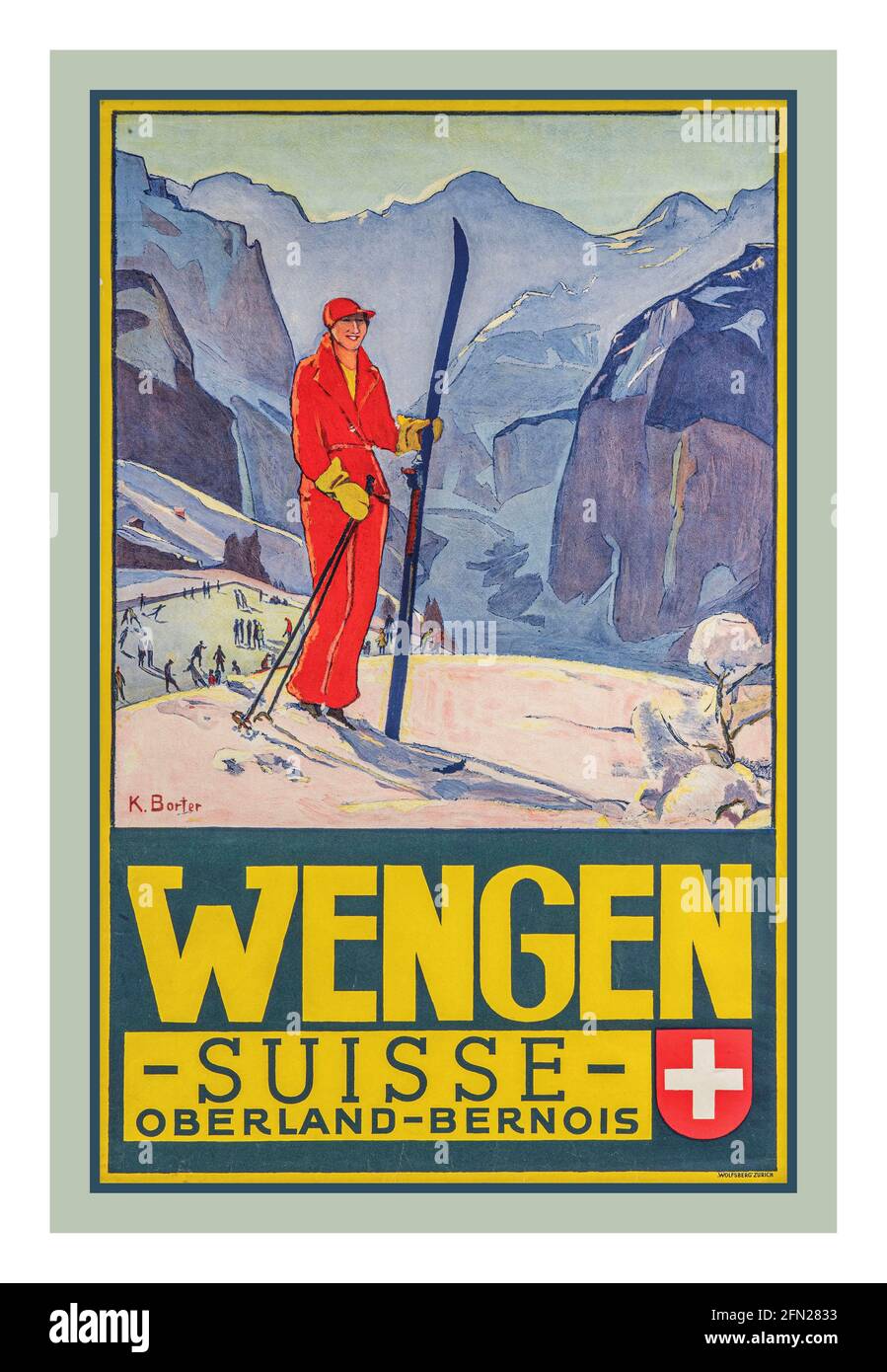 Poster Vintage Ski Vintage 1920's WENGEN Art Deco stile rétro Suisse Oberland Bernois Swiss 1927 di Wolfsberg Zurigo Foto Stock