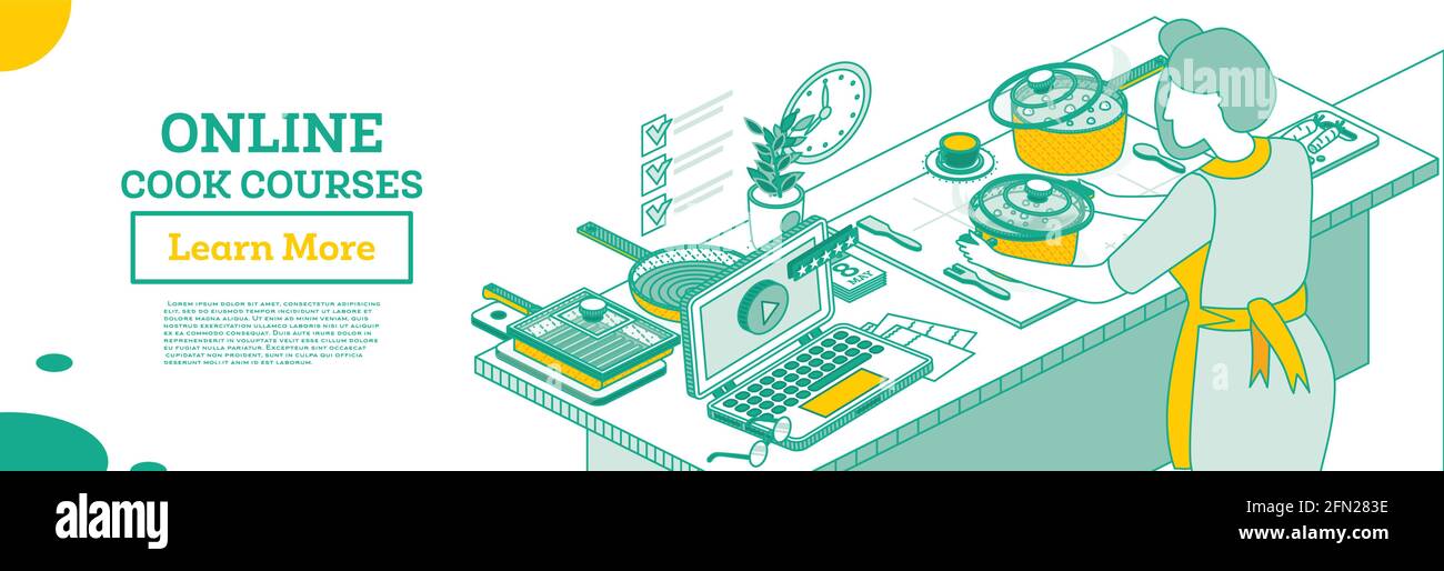 Scuola di cuoco in linea isometrica. Zuppa di cottura della donna sulla stufa elettrica. Corso culinario. Illustrazione vettoriale. Tutorial video o webinar. Illustrazione Vettoriale