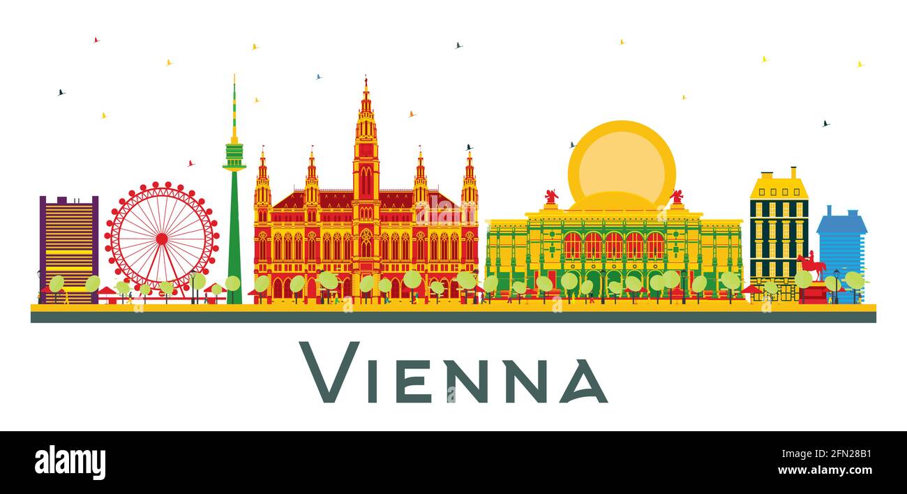 Vienna Austria City Skyline con edifici a colori isolati su bianco. Illustrazione vettoriale. Concetto di viaggio d'affari e turismo. Illustrazione Vettoriale