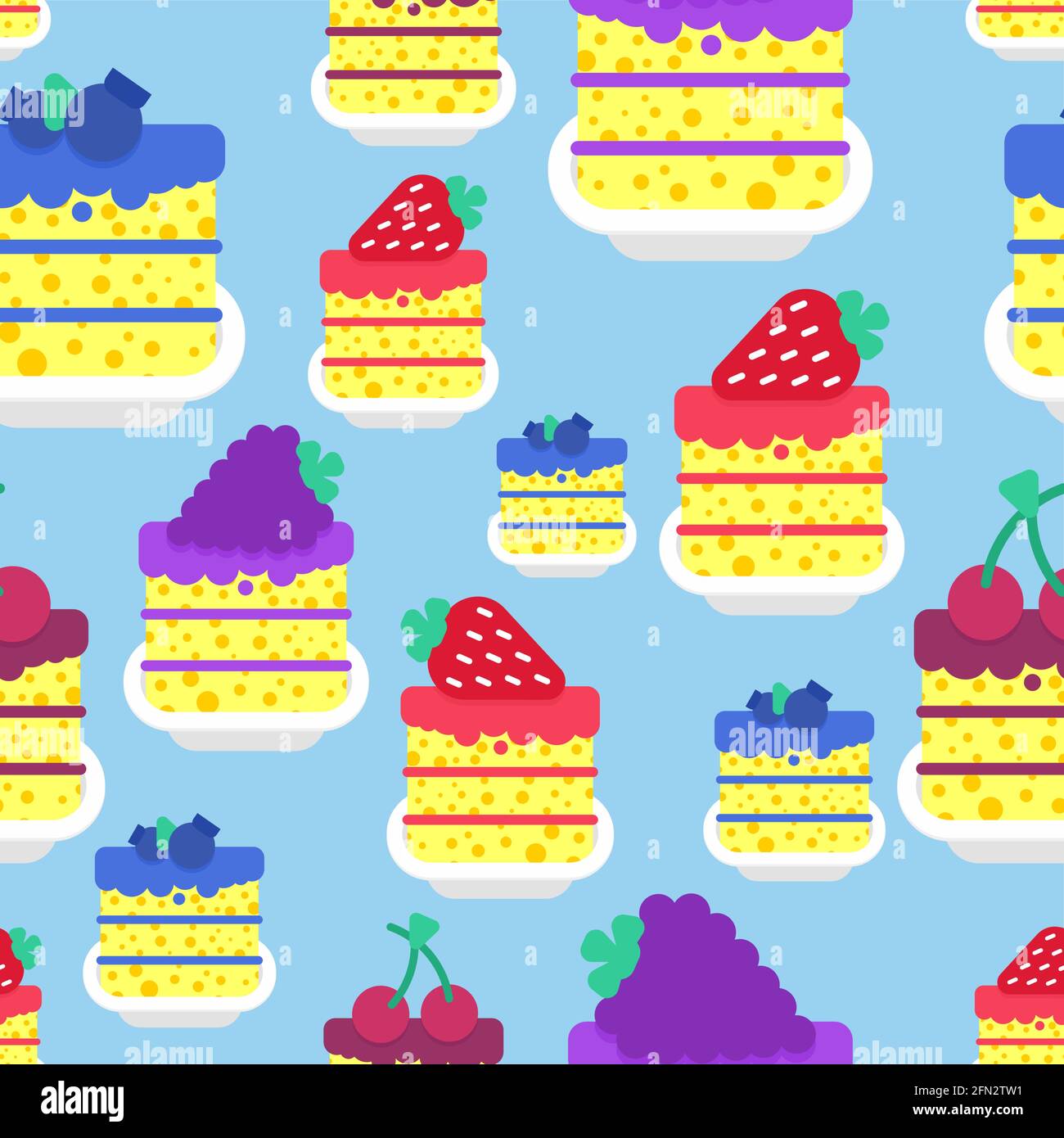 Dessert modello senza cuciture. Torta pezzo in fondo piatto. Mirtilli e ciliegie. Fragole e blackberry Sweets texture vettoriale Illustrazione Vettoriale
