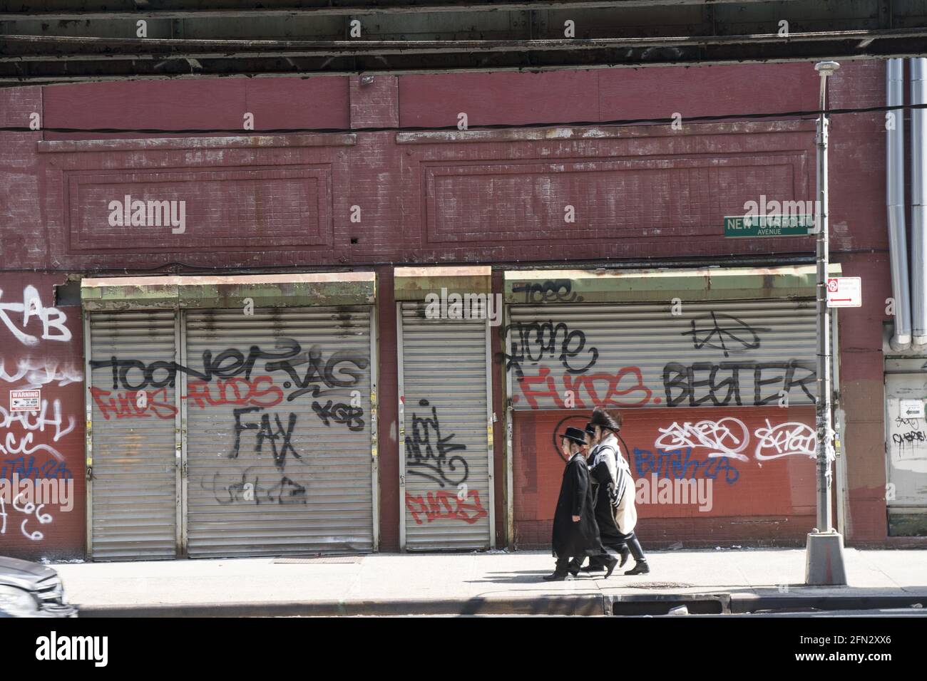 Gli ebrei ortodossi camminano lungo la discesa urbana guardando New Utrecht Avenue che ha molti magazzini nel quartiere Borough Park di Brooklyn, New York. Foto Stock