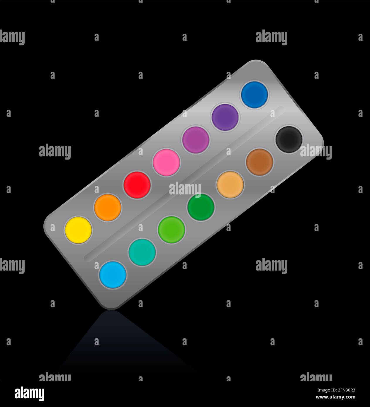 Watercolor, scatola di vernice di metallo d'argento con quattordici pentole di vernice rotonde luminose - illustrazione su sfondo nero. Foto Stock
