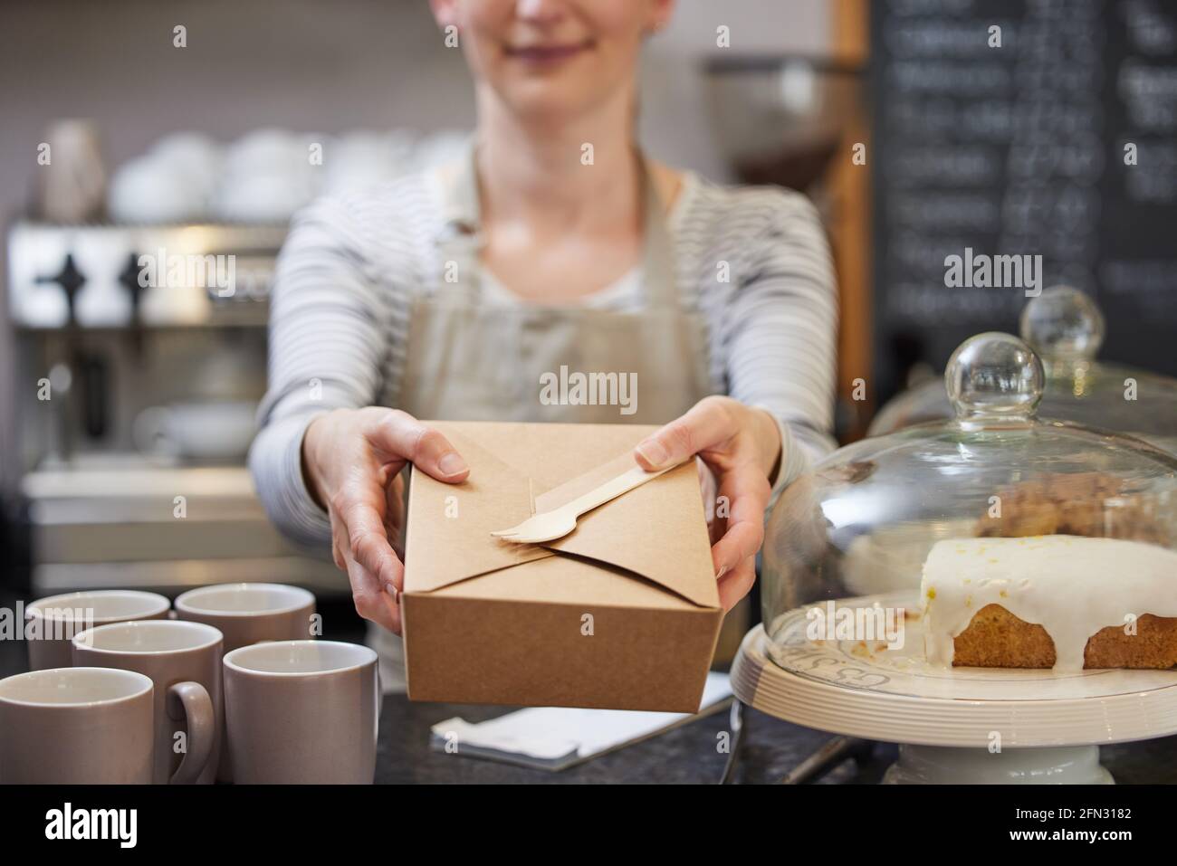 Primo piano di Female Worker al Cafe che serve pasti in Imballaggio sostenibile riciclabile con forchetta in legno Foto Stock