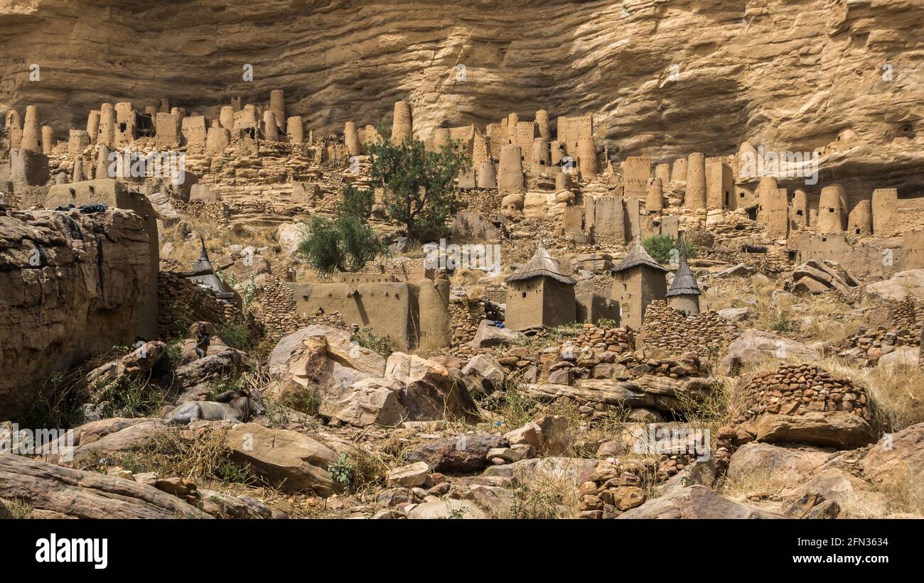 Case di roccia di Dogon e camere di sepoltura Irelli villaggio Patrimonio dell'Umanità dell'UNESCO Bandiagara scarpata, Mali Foto Stock