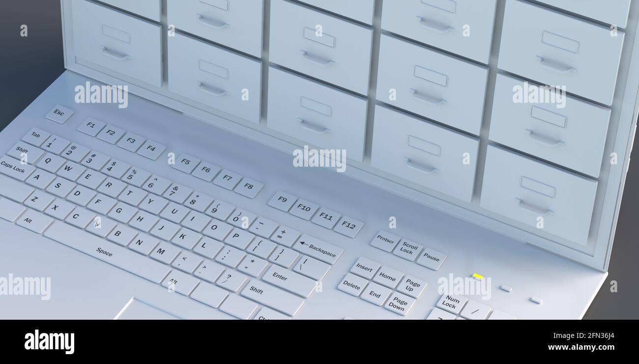 Concetto di archiviazione dei dati dei computer e di backup digitale.  Archiviazione di archivi su uno schermo bianco del computer portatile,  vista di primo piano. illustrazione 3d Foto stock - Alamy