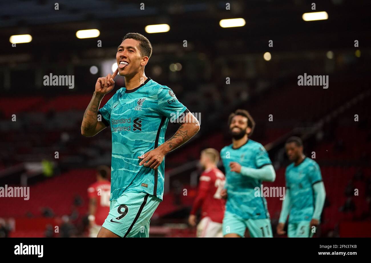 Roberto Firmino di Liverpool festeggia il secondo gol della partita durante la partita della Premier League a Old Trafford, Manchester. Data immagine: Giovedì 13 maggio 2021. Foto Stock