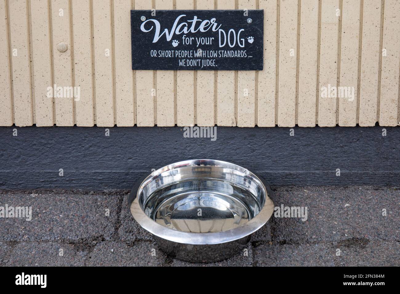 Acqua in una ciotola di cane sotto il segno politicamente errato Foto Stock