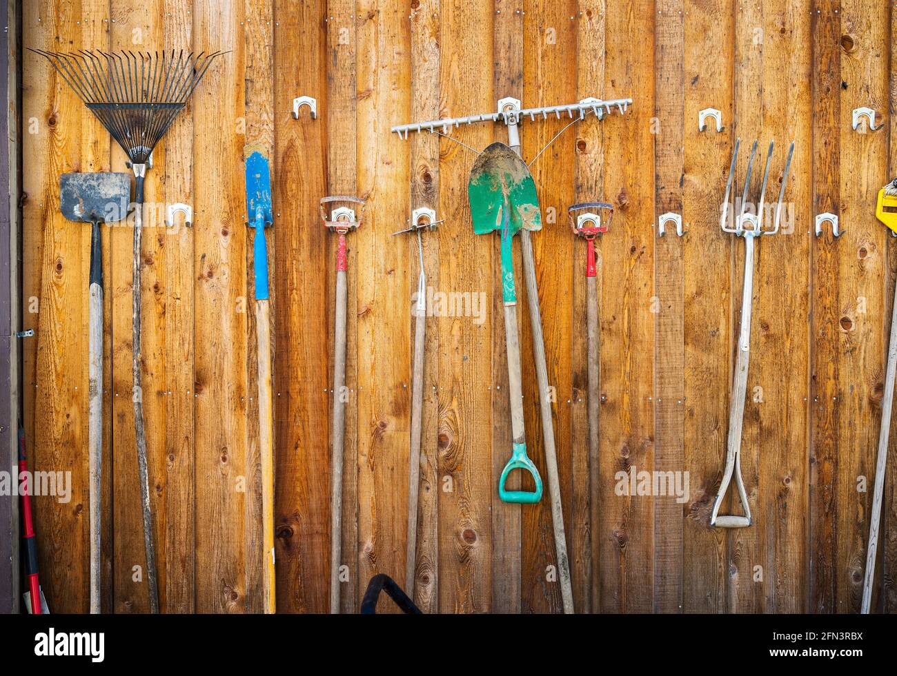Attrezzi di fattoria appesi sul muro di legno di un fienile. Foto Stock