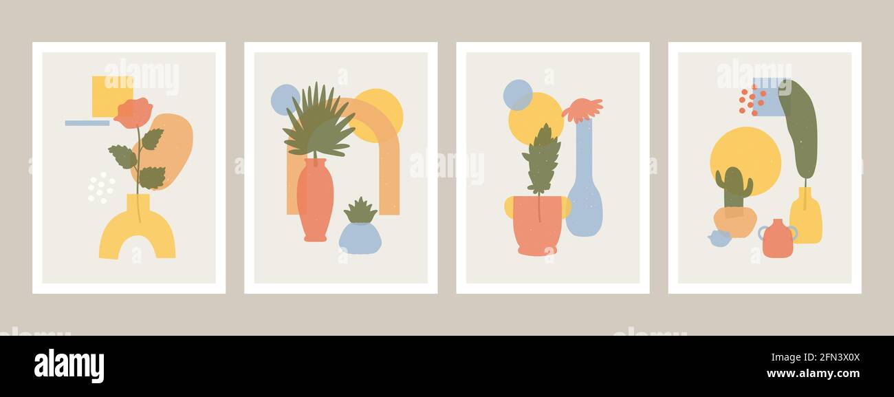 Poster dei vasi astratti. Vasi minimalisti astratti, fiori e foglie forme, disegnati a mano still life vettore illustrazione set. Arte astratta contemporanea Illustrazione Vettoriale