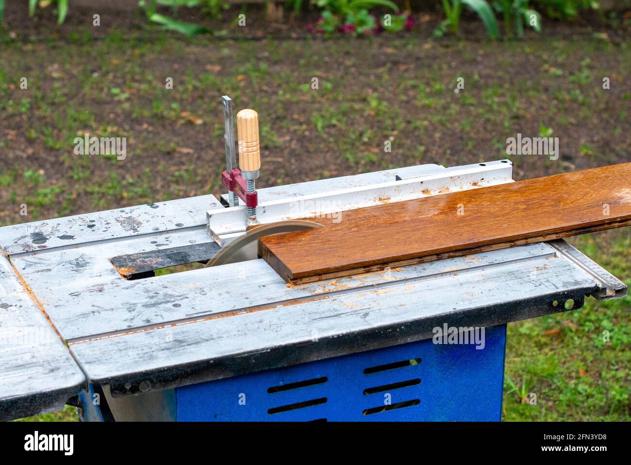 La sega circolare taglia il legno da vicino. Immagine ritagliata. Foto Stock