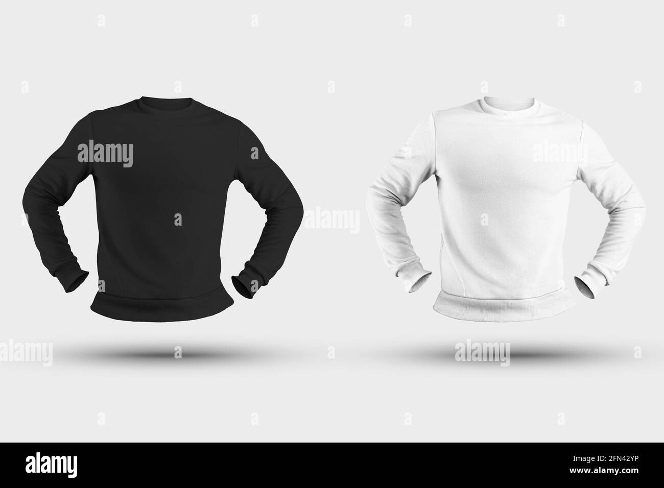 Mockup di felpe bianche e nere, vista frontale in rendering 3D,  abbigliamento tessile a maniche lunghe, per la presentazione del design.  Pullo vuoto del modello Foto stock - Alamy