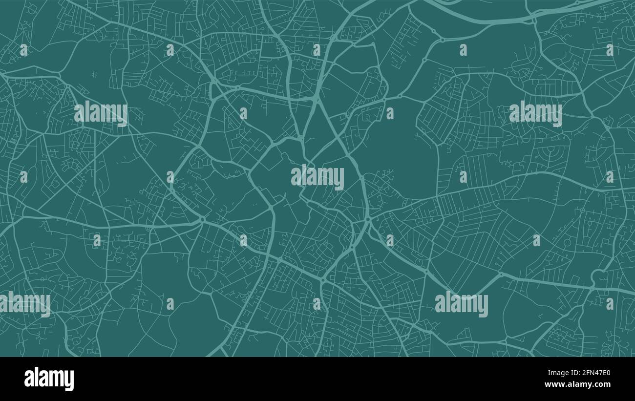 Mappa vettoriale dell'area della città di Birmingham verde ciano, strade e cartografia dell'acqua. Formato widescreen, design piatto digitale, streetma Illustrazione Vettoriale