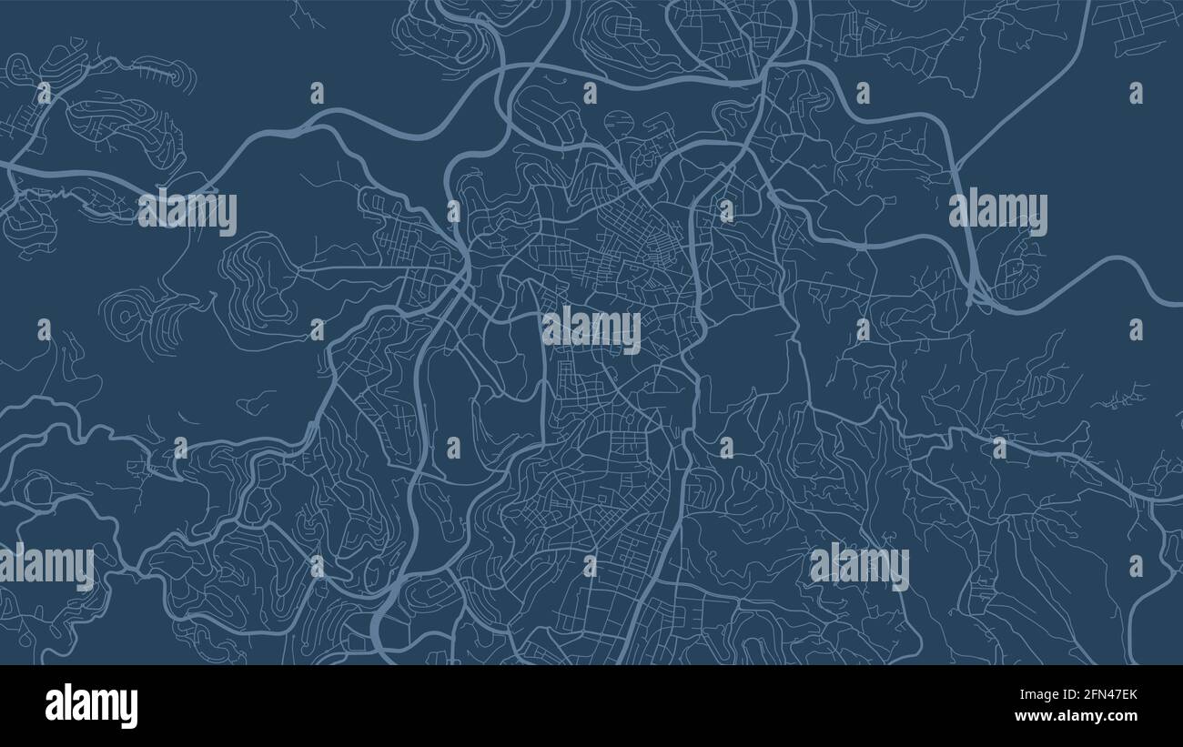 Blu scuro area città di Gerusalemme vettore sfondo mappa, strade e acqua cartografia illustrazione. Formato widescreen, formato digitale piatto. Illustrazione Vettoriale