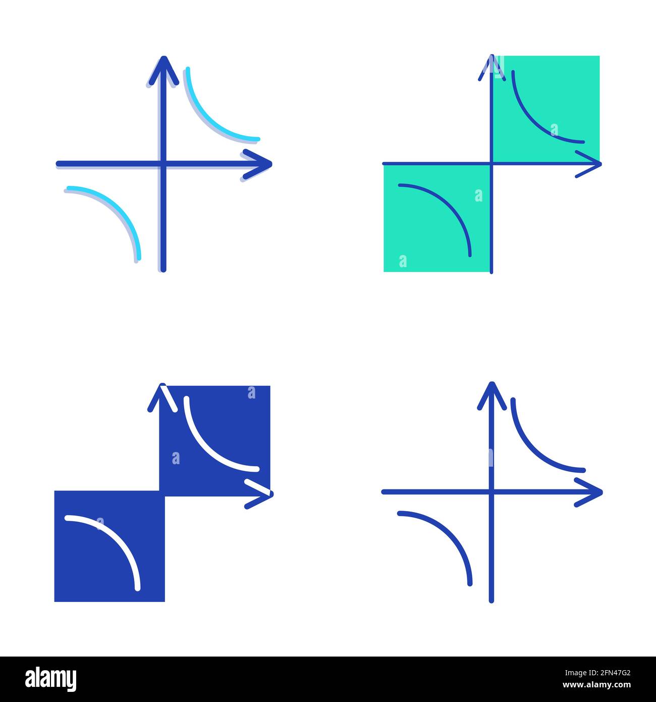 Icona della curva iperbola impostata in stile piatto e di linea. Simbolo grafico della funzione matematica. Illustrazione vettoriale. Illustrazione Vettoriale