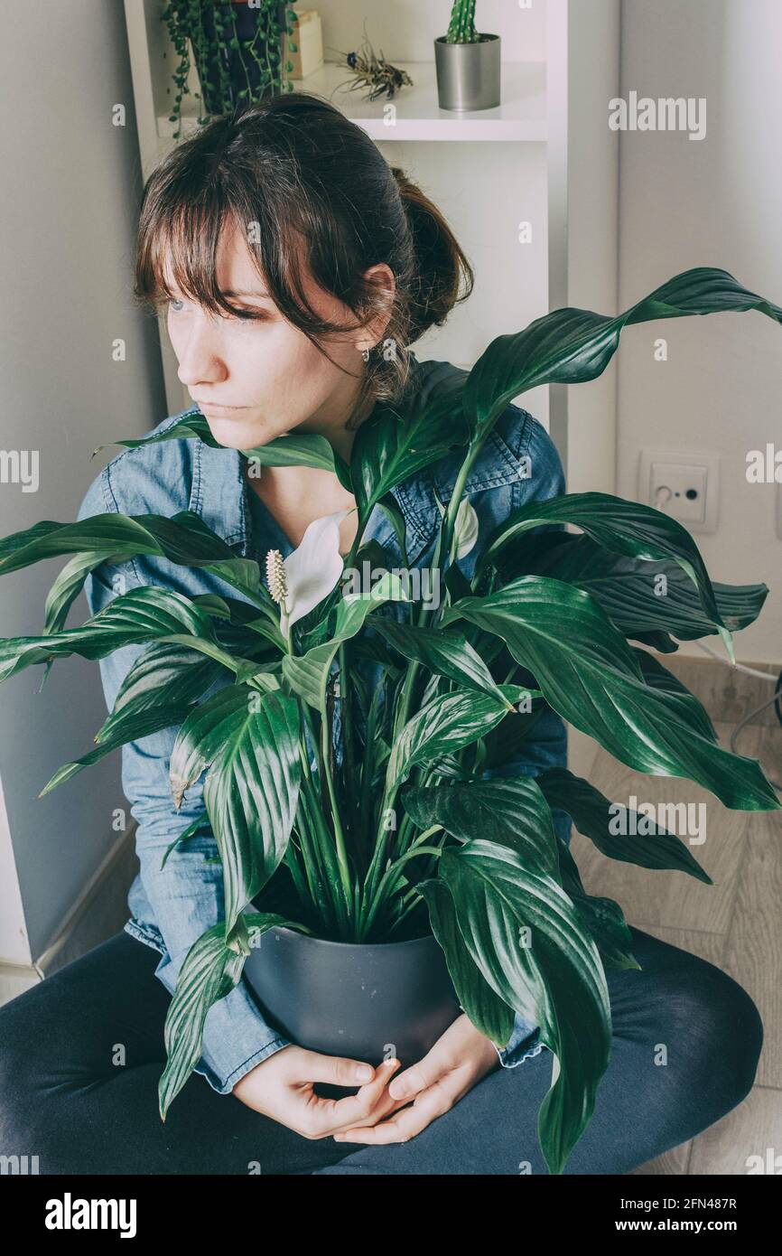 ritratto di una donna con i capelli marroni si siede sul pavimento della sua casa e abbracci una pianta da un pentola Foto Stock