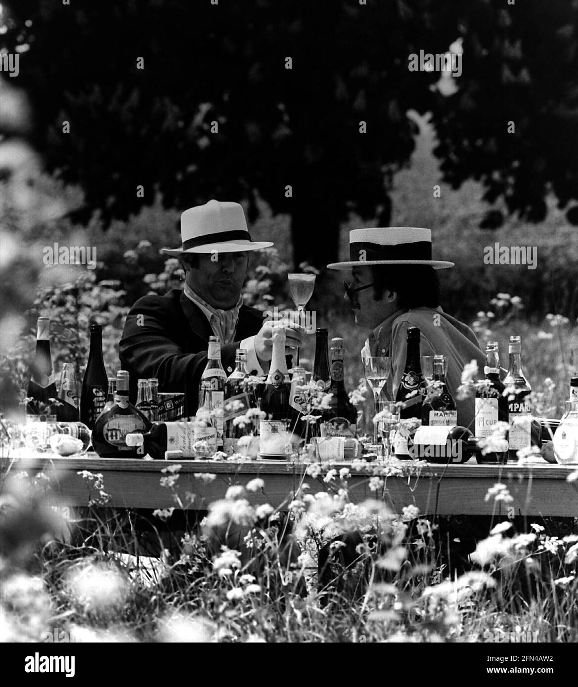 Tempo libero, pic-nic, due uomini con alcol in campagna, anni '70, DIRITTI AGGIUNTIVI-AUTORIZZAZIONE-INFORMAZIONI-NON-DISPONIBILE Foto Stock