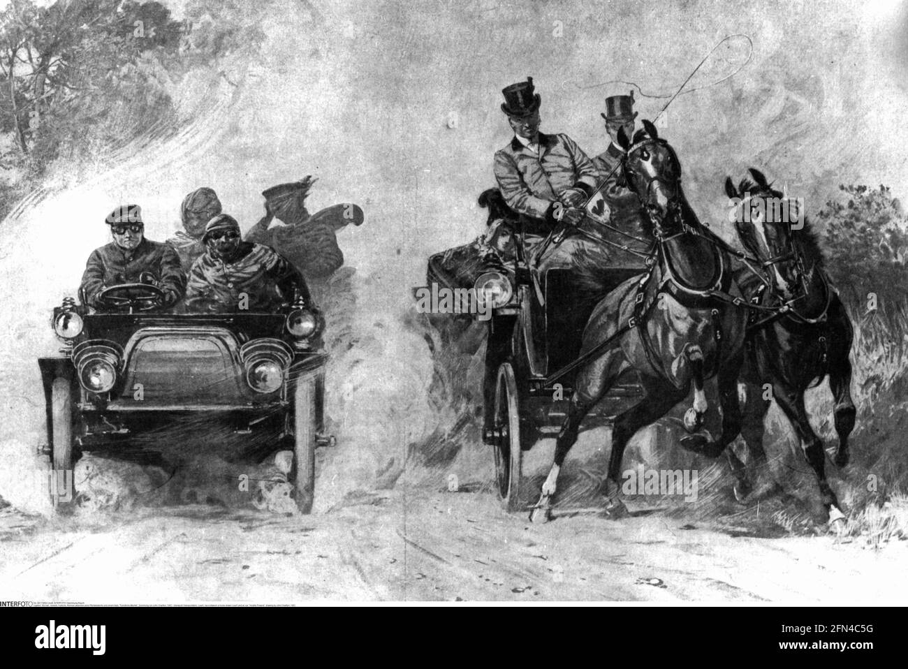 Trasporto / trasporto, pullman, corsa tra un pullman trainato da cavalli e un'auto, 'poteri ostili', DIRITTI AGGIUNTIVI-AUTORIZZAZIONE-INFORMAZIONI-NON-DISPONIBILI Foto Stock