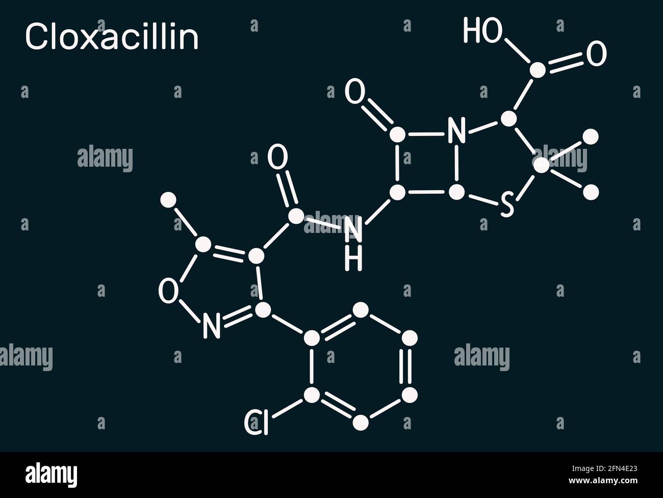 Molecola di cloxacillina. Si tratta di un farmaco antibatterico, semi-sintetico beta-lattamasi resistente antibiotico penicillina. Formula chimica scheletrica al buio b Foto Stock