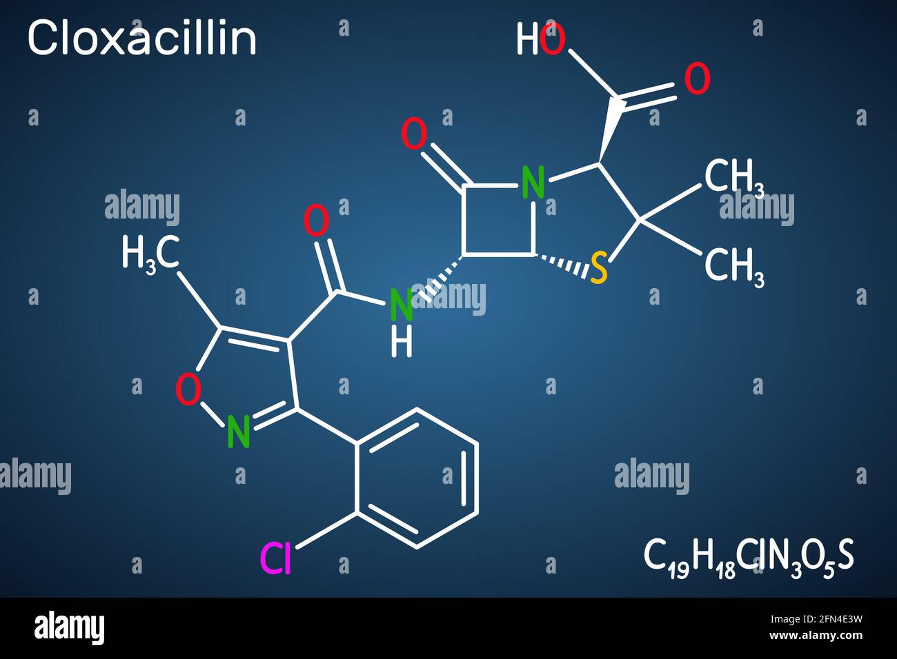 Molecola di cloxacillina. Si tratta di un farmaco antibatterico, semi-sintetico beta-lattamasi resistente antibiotico penicillina. Formula chimica strutturale al buio Illustrazione Vettoriale