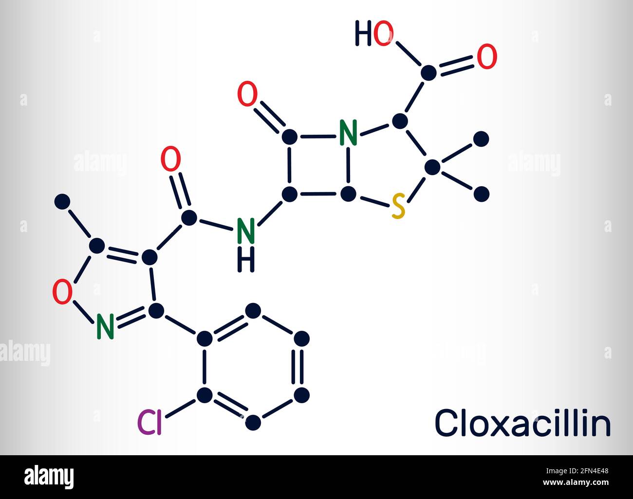 Molecola di cloxacillina. Si tratta di un farmaco antibatterico, semi-sintetico beta-lattamasi resistente antibiotico penicillina. Formula chimica scheletrica. Illus vettore Illustrazione Vettoriale