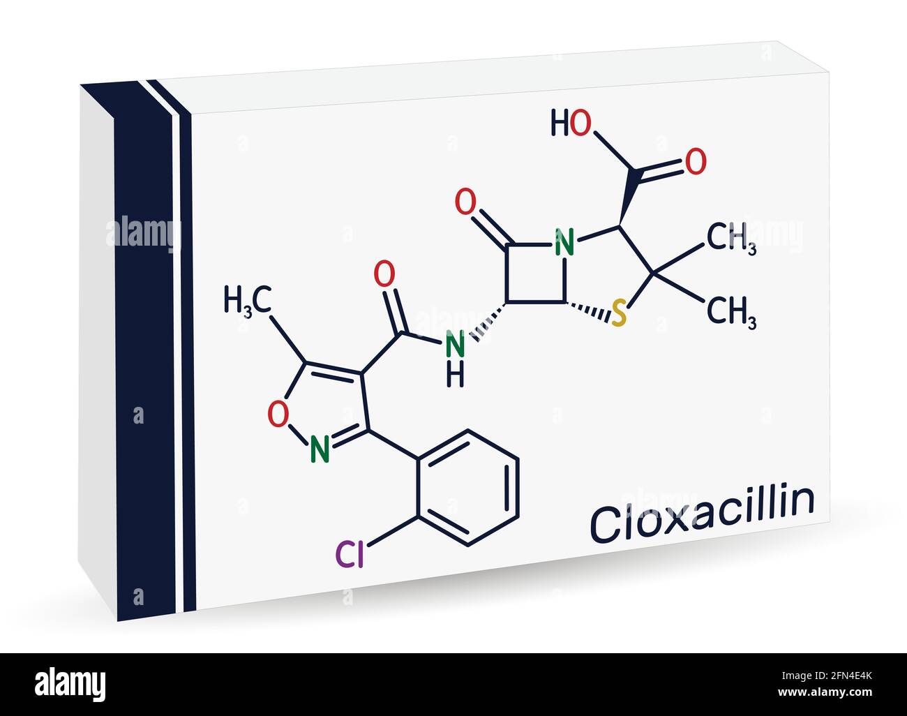 Molecola di cloxacillina. Si tratta di un farmaco antibatterico, semi-sintetico beta-lattamasi resistente antibiotico penicillina. Imballaggio di carta per droghe. Illus vettore Illustrazione Vettoriale