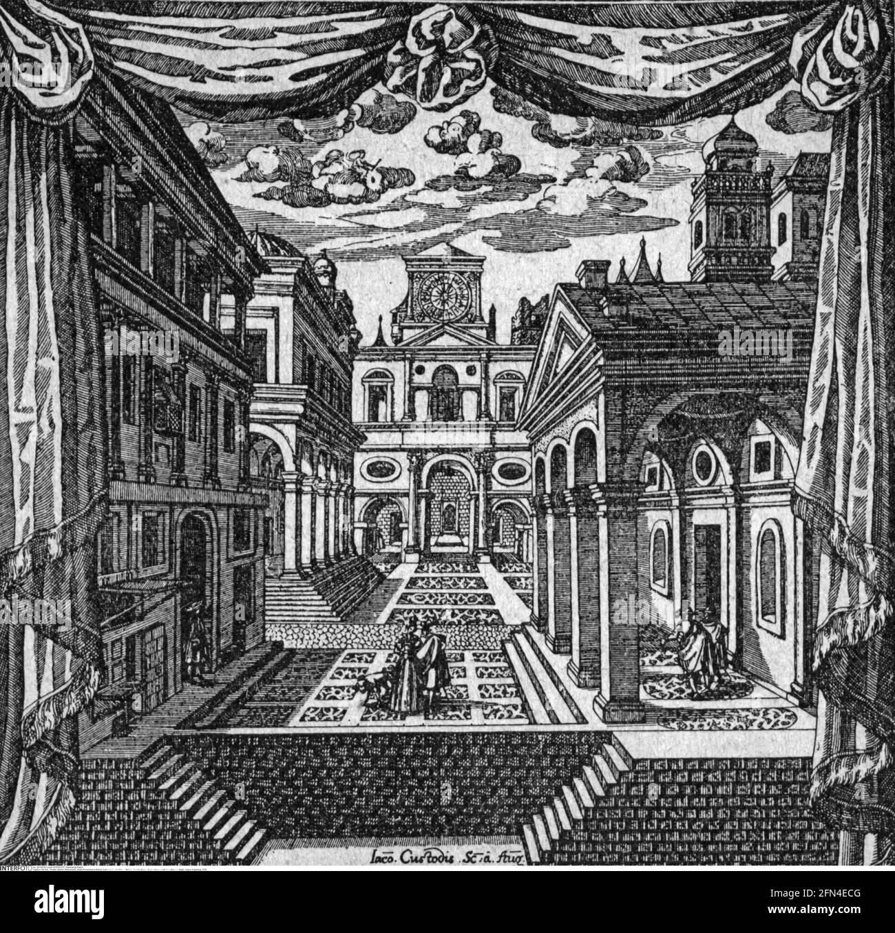 teatro / teatro, scenografia / scenografia, palcoscenico ideale rinascimentale, incisione in rame, 1550, DIRITTI-AGGIUNTIVI-CLEARANCE-INFO-NON-DISPONIBILE Foto Stock