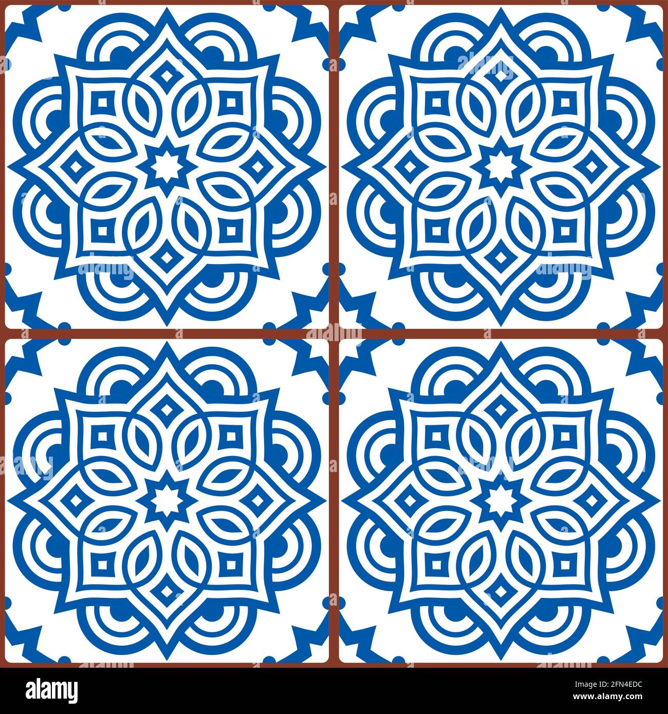 Mattonelle marocchine mandala motivo vettoriale senza cuciture blu su sfondo bianco, carta da parati ornamentali gometrica, tessuti o tessuti decorazione a stampa Illustrazione Vettoriale