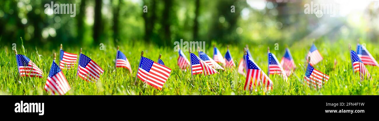 Bandiere americane in erba - Defocused Abstract Memorial Day background Foto Stock