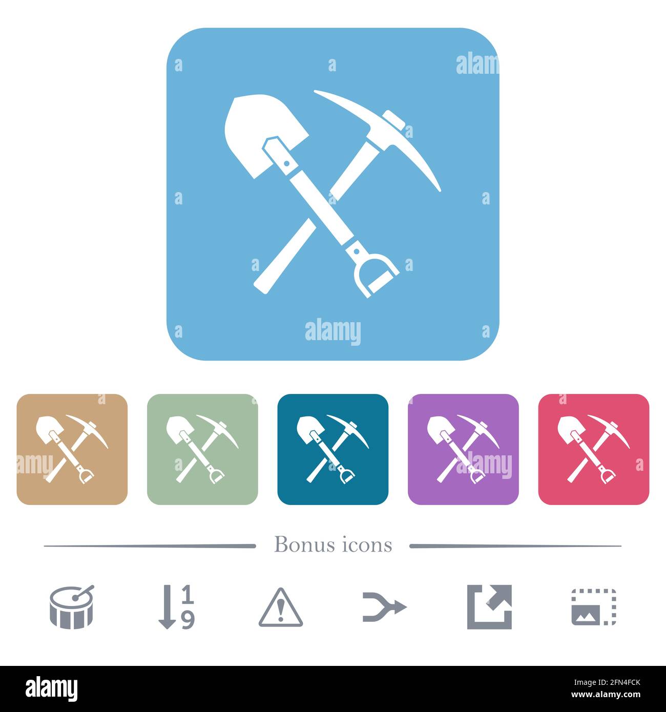 icone piatte bianche di shovel e piccone su sfondi quadrati arrotondati di colore. 6 icone bonus incluse Illustrazione Vettoriale